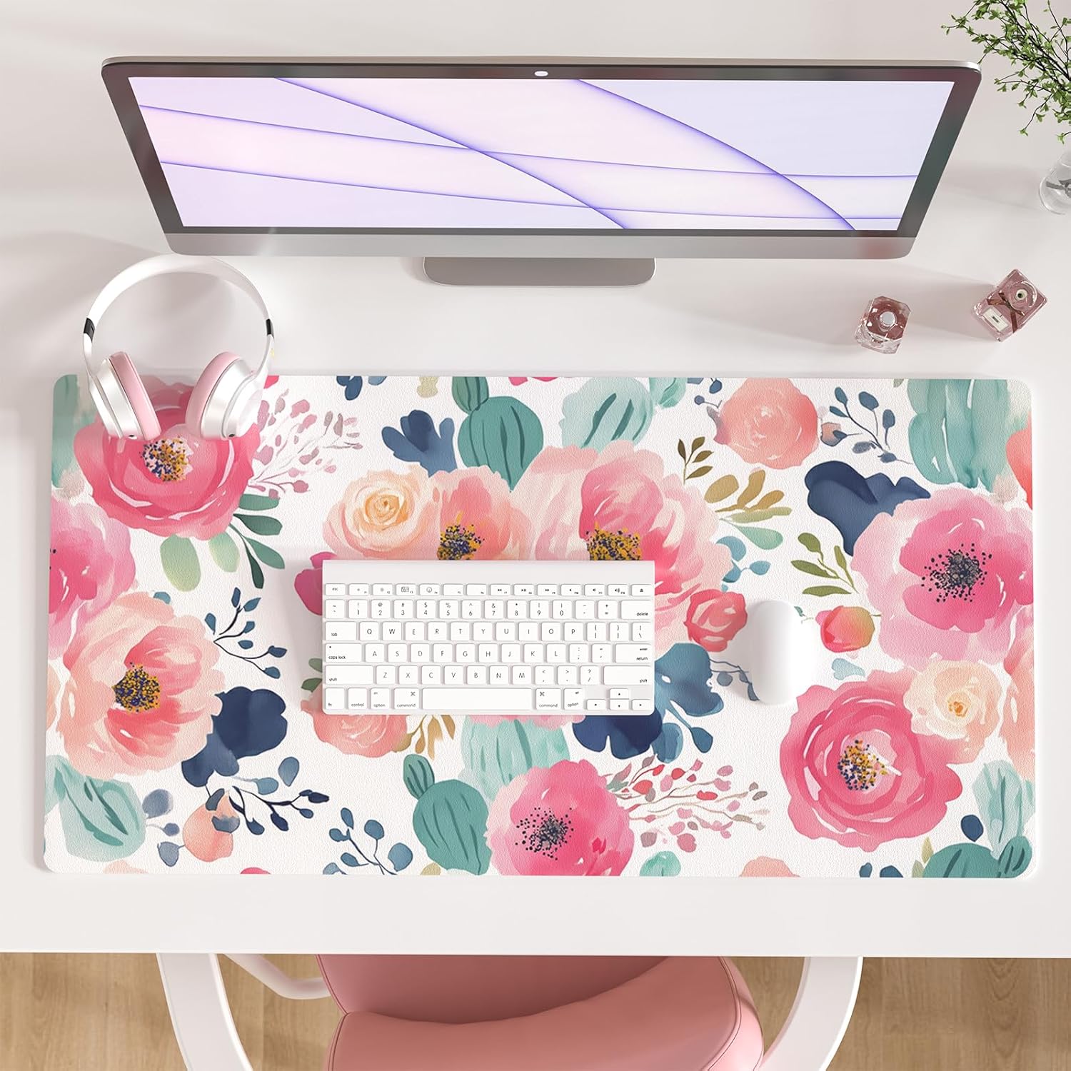 Large Mouse Pad Pink Floral De - Leather Desk Pad ulasan dan harga