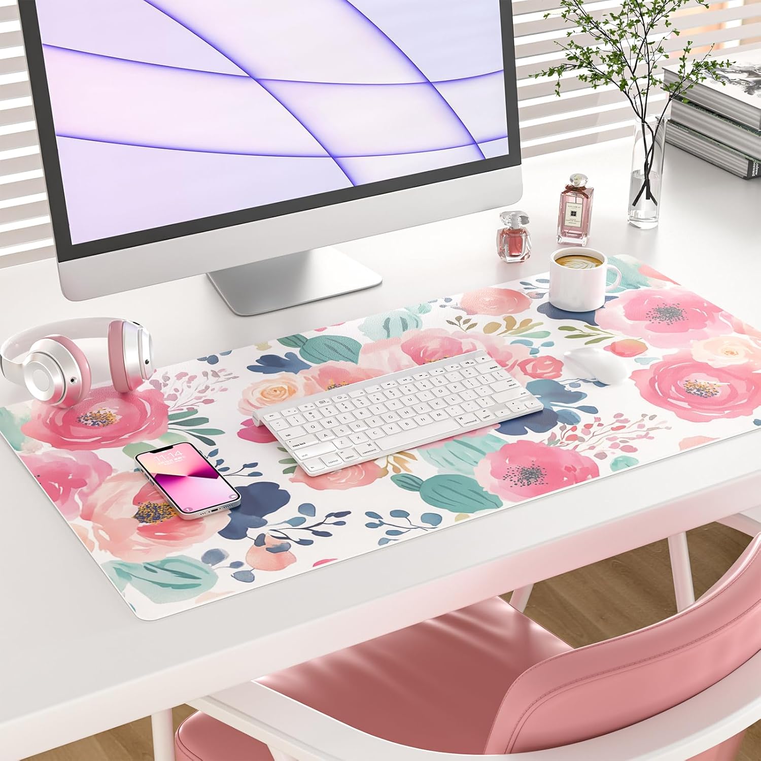 Large Mouse Pad Pink Floral De - Leather Desk Pad ulasan dan harga